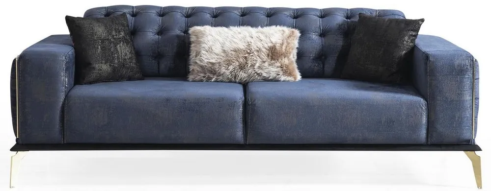 Wochenendangebot Casa Padrino divano Art Déco Chesterfield di lusso blu / grigio / nero / ottone 236 x 99 x A. 86 cm - Nobile divano del soggiorno con cuscini decorativi - Qualità di Lusso