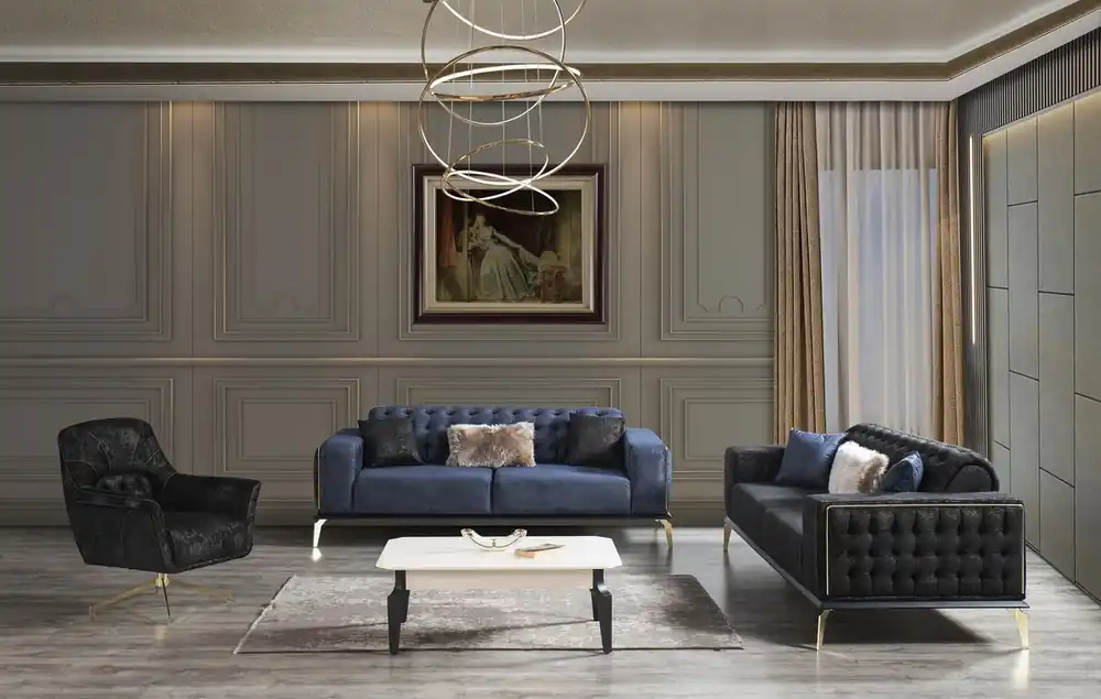Sichere Zahlung Casa Padrino set da soggiorno Art Déco Chesterfield di lusso nero / blu / bianco - 2 Divani e 2 Poltrone Girevoli e 1 Tavolo da Soggiorno - Mobili da soggiorno nobili