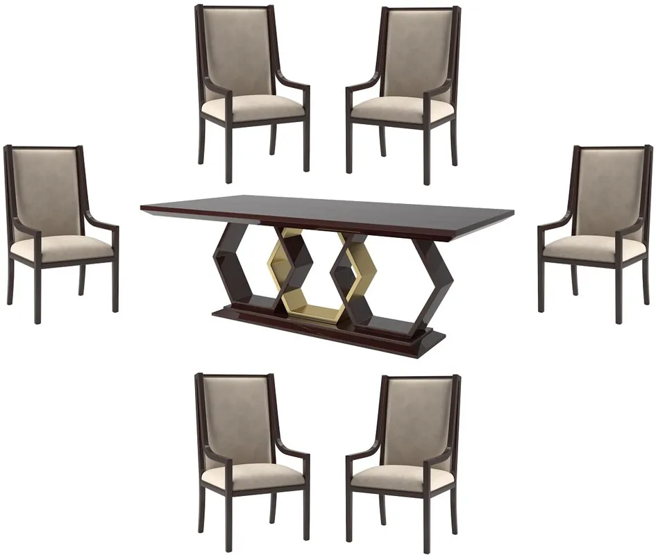 Sichere Zahlung Casa Padrino set da pranzo Art Déco di lusso beige / marrone scuro lucido / oro - 1 Tavolo da Pranzo e 6 Sedie da Pranzo - Mobili da Pranzo Art Deco - Qualità di Lusso