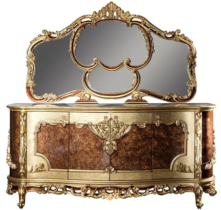 Casa Padrino set di mobili barocchi di lusso credenza con specchio crema / beige / marrone / oro - Armadio in legno massello decorato con specchio a parete - Mobili nobili in stile barocco - Qualità di Lusso Zertifiziert