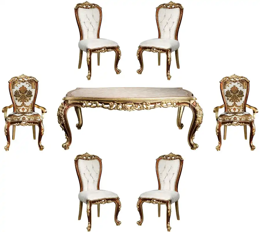 Finale Aktion Casa Padrino set da pranzo barocco di lusso bianco / oro / marrone / oro - 1 Tavolo da Pranzo e 6 Sedie da Pranzo - Mobili da Sala da Pranzo Nobili in Stile Barocco - Nobile e Magnifico