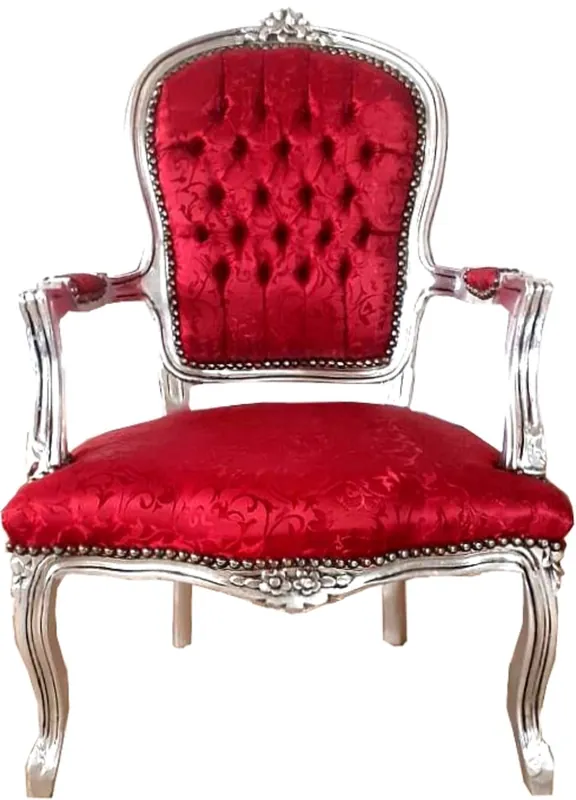 Casa Padrino sedia da salone barocco rosso bordeaux motivo / argento 60 x 50 x A. 93 cm - Sedia in stile antico fatta a mano con tessuto di raso fine - Mobili in stile barocco Finale Aktion
