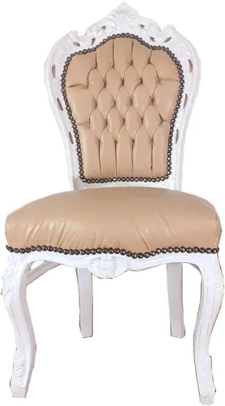 Casa Padrino sedia per sala da pranzo barocco beige / bianco 53 x 57 x A. 108 cm - Sedia artigianale in legno massello in stile antico con finta pelle pregiata - Mobili per sala da pranzo barocco Super-Preis