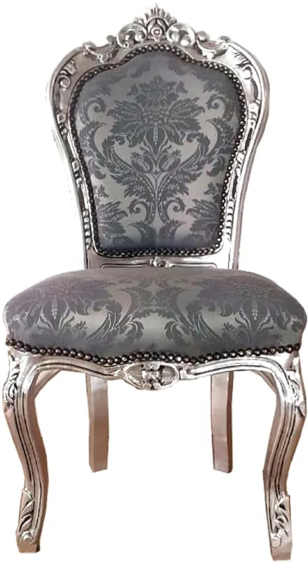 Bestseller Casa Padrino sedia da pranzo barocco grigio modello / argento 53 x 57 x A. 108 cm - Sedia in legno massello stile antico fatta a mano con tessuto di raso fine - Mobili sala da pranzo in stile barocco