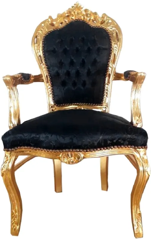 Casa Padrino sedia da pranzo barocco con braccioli nero motivo / oro 53 x 57 x A. 108 cm - Sedia in stile antico atta a mano con tessuto di raso fine - Mobili per sala da pranzo barocco Bestpreis