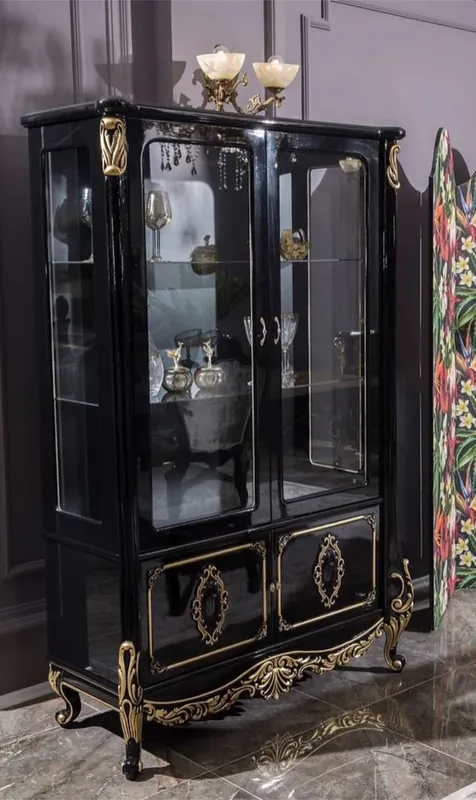 Casa Padrino vetrina gabinetto barocco di lusso nero / oro 124 x 54 x A. 194 cm - Vetrina in legno massello in stile barocco - Nobile e Magnifica Echt