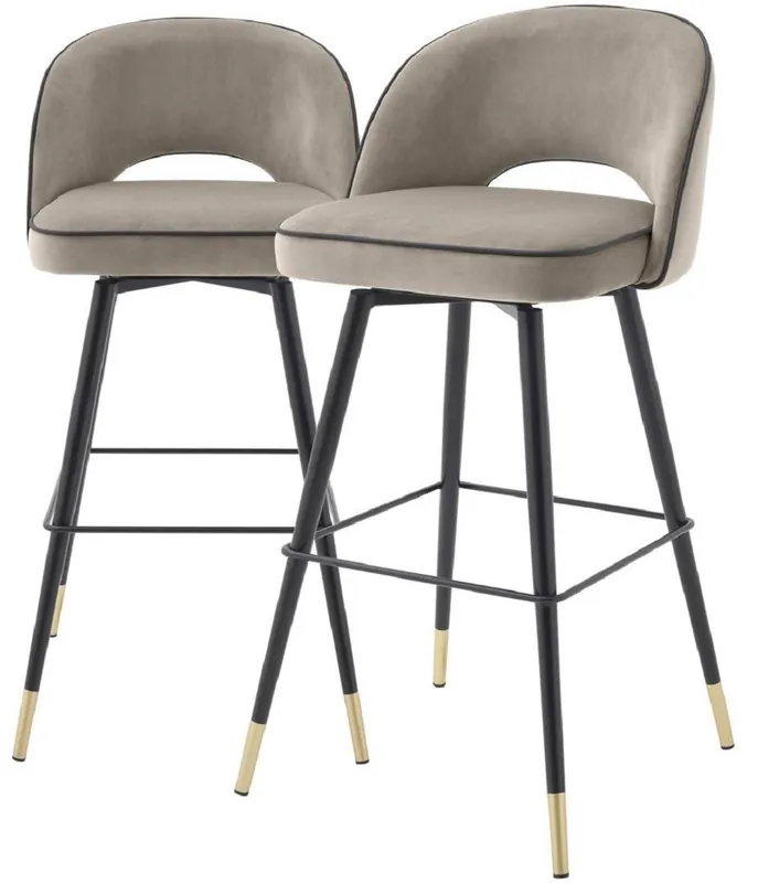 Markenware Casa Padrino set di sedie da bar di lusso greige / nero / ottone 51 x 52 x A. 103 cm - Sgabelli da bar con sedile girevole e tessuto in velluto nobile - Mobili da Bar di Lusso