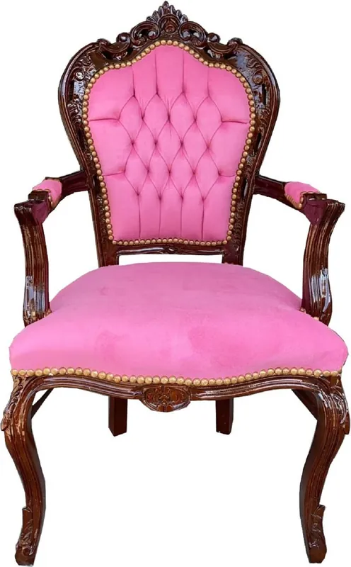 Casa Padrino sedia da pranzo barocco con braccioli rosa / marrone 53 x 57 x A. 108 cm - Sedia in legno massello fatta a mano in stile antico con velluto pregiato - Mobili per sala da pranzo barocco Kracherpreis