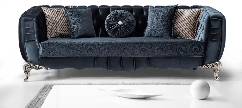 Neue Ware Casa Padrino divano barocco di lusso blu / argento 235 x 103 x A. 82 cm - Divano da soggiorno in stile barocco con cuscini decorativi - Mobili da soggiorno barocco