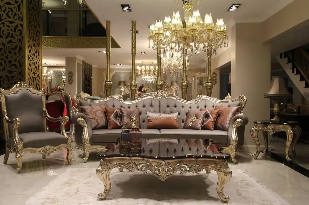 Casa Padrino set da soggiorno barocco di lusso grigio / marrone scuro / oro - 2 Divani e 2 Poltrone e 1 Tavolo da Salotto e 2 Tavolini - Mobili da soggiorno in stile barocco - Nobile e Magnifico Must-Have