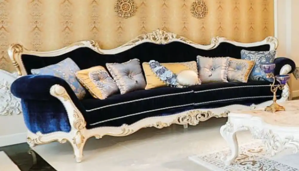 Casa Padrino divano barocco di lusso blu scuro / bianco / oro 300 x 98 x A. 120 cm - Divano in stile barocco magnifico - Mobili da soggiorno barocchi nobili Bestseller