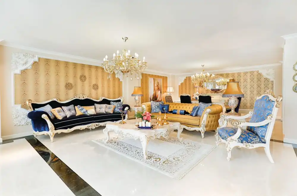 Casa Padrino set da soggiorno barocco di lusso blu / bianco / oro - 2 Divani e 2 Poltrone e 1 Tavolo da Salotto e 2 Tavolini - Mobili da soggiorno in stile barocco - Nobile e Magnifico Top-Angebot