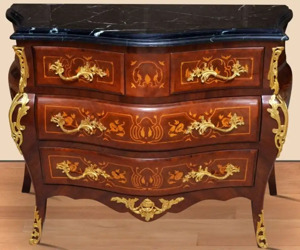 Highlight Casa Padrino cassettone barocco marrone / oro / nero 120 x 50 x A. 85 cm - Cassettone fatta a mano in legno massello con 4 cassetti e piano in marmo - Mobili Barocchi