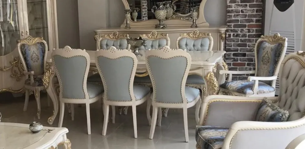 Markenware Casa Padrino set da pranzo barocco di lusso blu chiaro / blu scuro / bianco / oro - 1 Tavolo da Pranzo e 8 Sedie da Pranzo - Mobili per sala da pranzo in stile barocco magnifico - Qualità di Lusso
