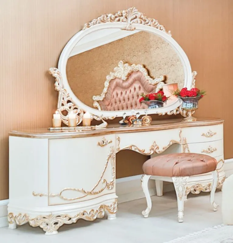 Casa Padrino set di camera da letto in stile barocco di lusso rosa / bianco / crema / rame - 1 Toletta e 1 Specchio e 1 Sgabello - Mobili per camera da letto barocco magnifico - Qualità di Lusso Beliebt