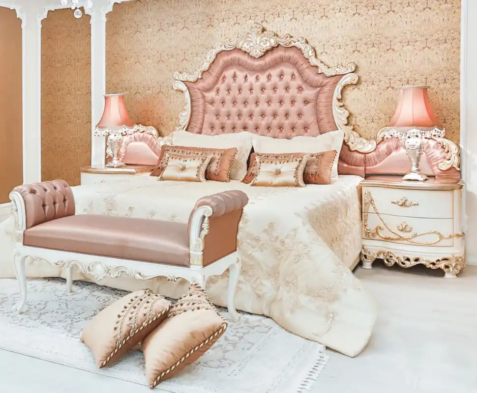 Casa Padrino set da camera da letto barocco di lusso rosa / bianco / crema / rame - 1 Letto Matrimoniale con Testiera e 2 Comodini e 1 Panca - Mobili per camera da letto barocco - Nobile e Magnifico Top-Angebot