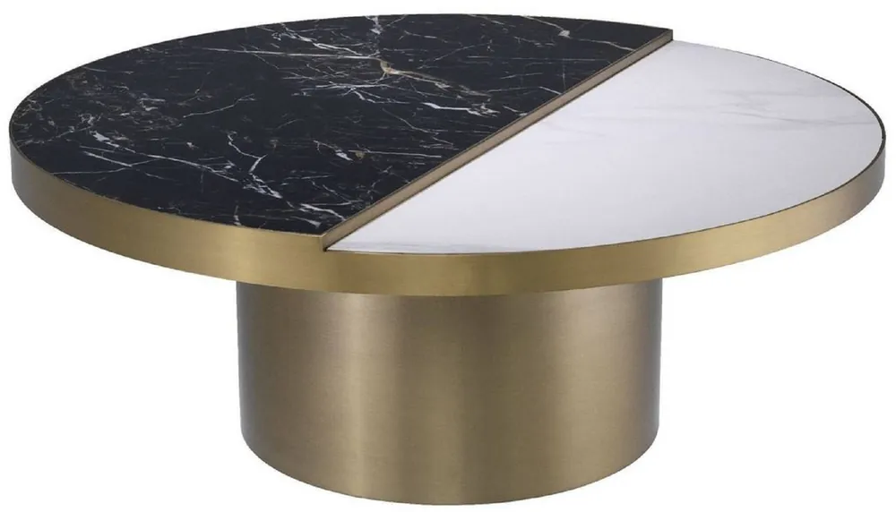 Preisknaller Casa Padrino tavolo da salotto di lusso nero / bianco / ottone Ø 89 x A. 55,5 cm - Tavolo da soggiorno rotondo in acciaio inox con 2 piatti semicircolari in ceramica - Mobili soggiorno - Mobili di Lusso