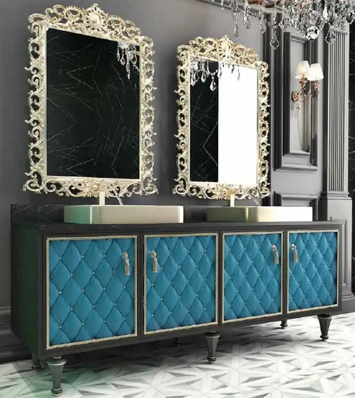 Preis Gesenkt Casa Padrino Set da Bagno Barocco di Lusso Nero / Blu / Oro - 1 Armadio del Lavandino con 4 Porte e 2 Lavabi e 2 Specchi da Parete - Mobili da Bagno Sontuosi