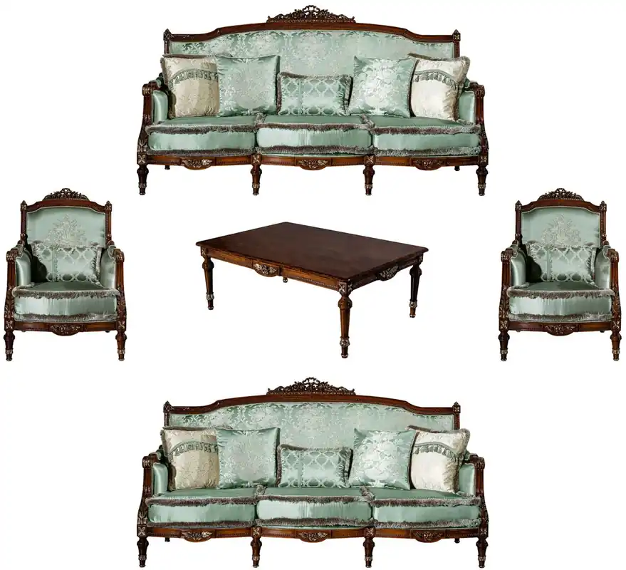 Ausverkauf Casa Padrino set da soggiorno barocco di lusso verde chiaro / marrone - 2 Divani e 2 Poltrone e 1 Tavolo da Salotto - Mobili da salotto magnifico in stile barocco
