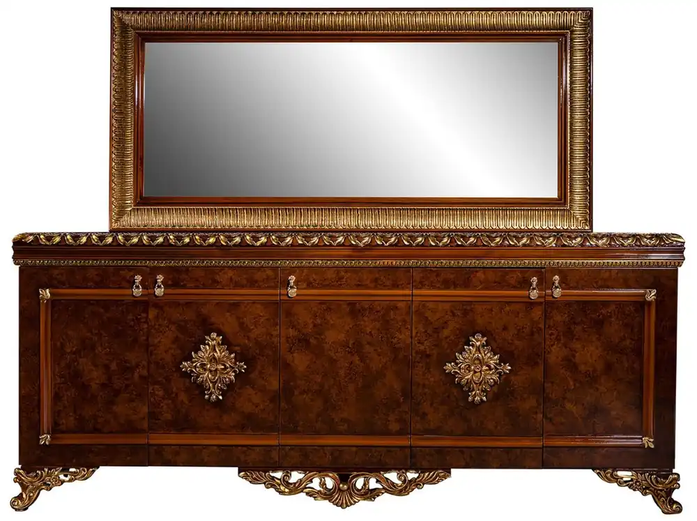 Neu Casa Padrino set di mobili barocchi di lusso credenza con specchio marrone / bronzo / oro - Nobile armadio in legno massello con elegante specchio a parete - Mobili in stile barocco