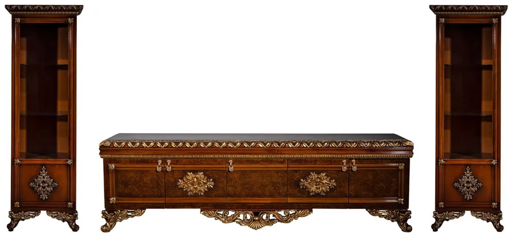 Billig Casa Padrino set di mobili barocchi di lusso marrone / oro - Armadio TV nobile in legno massello con 2 vetrine - Mobili per soggiorno barocco