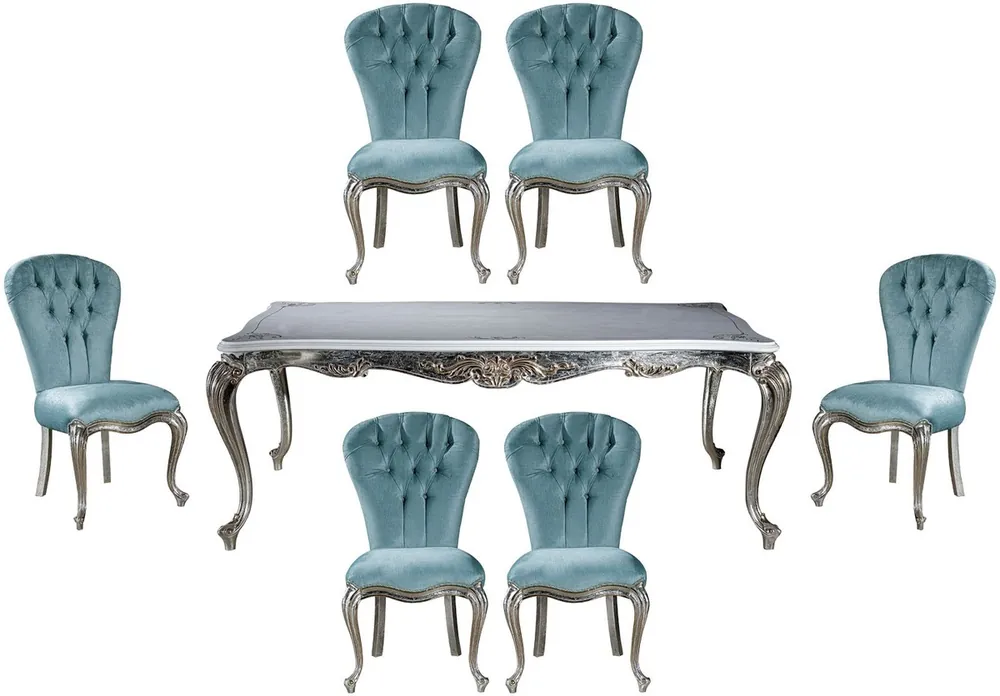 Begrenztes Angebot Casa Padrino set da pranzo barocco di lusso azzurro / argento - 1 Tavolo da Pranzo e 6 Sedie da Pranzo - Mobili da sala da pranzo barocchi - Nobile e Magnifico