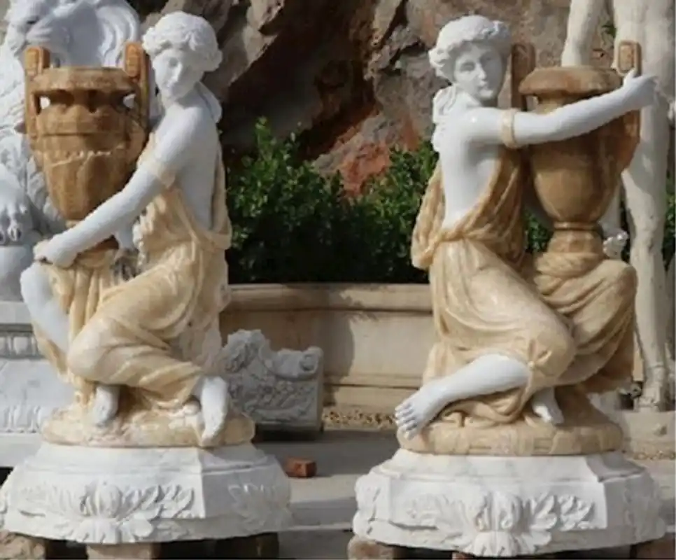 Casa Padrino set di sculture in marmo Art Nouveau donne con vasi bianco / beige 78 x 63 x A. 121 cm - Statue da giardino - Decorazione di hotel e ristoranti di lusso Schneller Versand