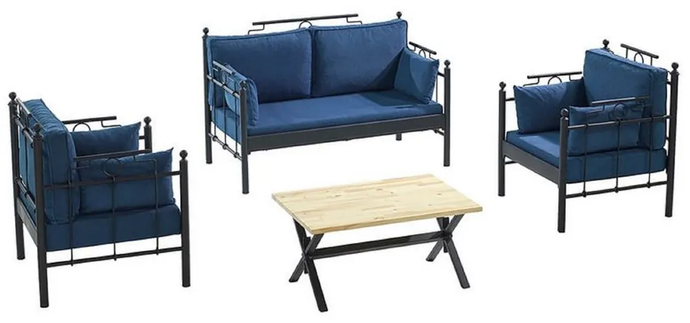 Casa Padrino Set di Mobili da Giardino Art Nouveau Blu / Nero - 1 Divano e 2 Poltrone e 1 Tavolo - Mobili da Giardino e Patio Art Nouveau Super-Preis