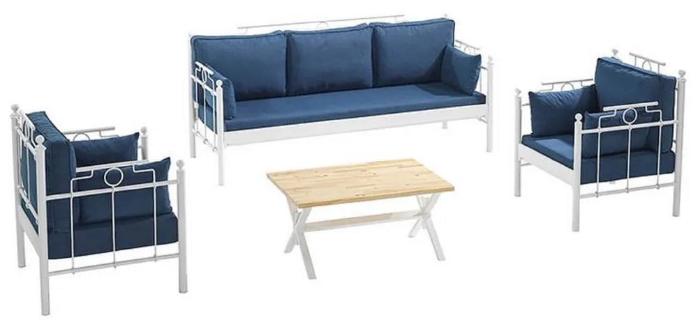 Direktkauf Casa Padrino Set di Mobili da Giardino Art Nouveau Blu / Bianco - 1 Divano e 2 Poltrone e 1 Tavolo - Mobili da Giardino e Patio in Stile Art Nouveau