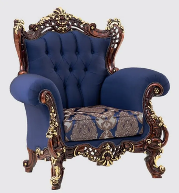 Casa Padrino poltrona barocco di lusso blu / marrone scuro / oro 110 x 95 x A. 121 cm - Magnifico poltrona da soggiorno con motivo elegante - Mobili Barocchi Sichere Zahlung