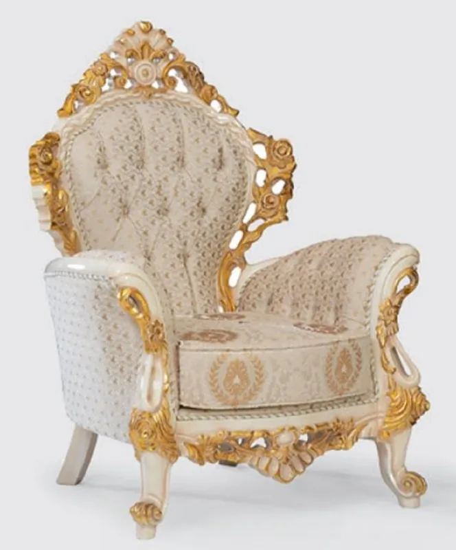 Casa Padrino poltrona barocco di lusso crema / bianco / oro 100 x 80 x A. 125 cm - Poltrona da soggiorno fatta a mano con motivo elegante - Mobili da soggiorno barocco - Nobile e Magnifico Must-Have