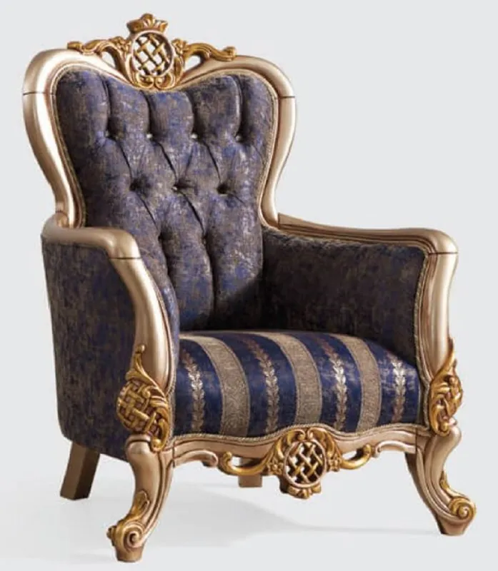 Neu Casa Padrino poltrona barocco di lusso blu / argento / oro 95 x 75 x A. 120 cm - Magnifico poltrona da soggiorno con motivo elegante - Mobili Barocchi