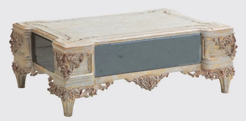 Casa Padrino tavolo da salotto barocco di lusso crema / rame / blu / oro 120 x 85 x A. 45 cm - Tavolo soggiorno in legno massello nobile in stile barocco - Mobili da Salotto Barocco Must-Have