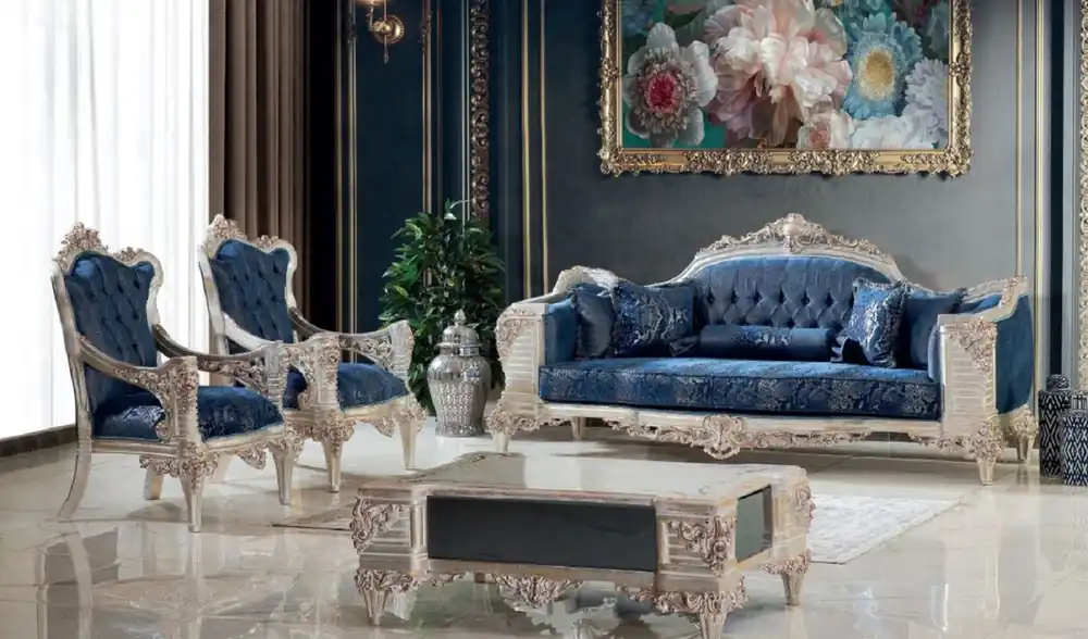 Markenware Casa Padrino set da soggiorno barocco di lusso blu / crema / rame / oro - 2 Divani e 2 Poltrone e 1 Tavolo da Salotto - Mobili da soggiorno in stile barocco fatto a mano - Nobile e Magnifico