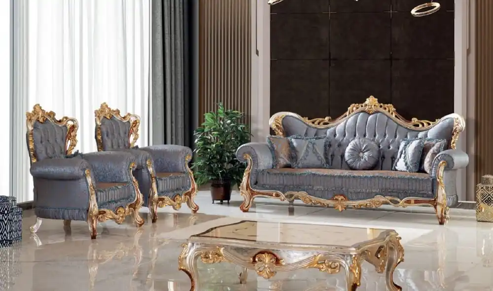 Nur Für Kurze Zeit Casa Padrino set da soggiorno barocco di lusso blu / rame / argento / marrone / oro - 2 Divani e 2 Poltrone e 1 Tavolo da Salotto - Mobili da soggiorno in stile barocco - Nobile e Magnifico