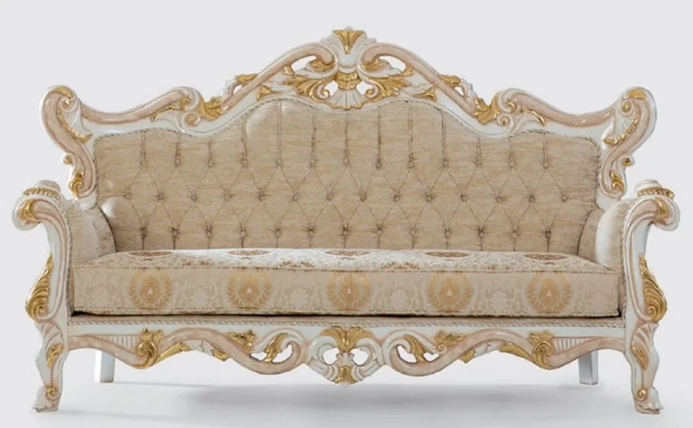 Casa Padrino divano barocco di lusso beige / bianco / oro 225 x 90 x A. 128 cm - Divano da soggiorno fatto a mano con motivo elegante - Mobili da soggiorno barocco - Nobile e Magnifico Neue Ware