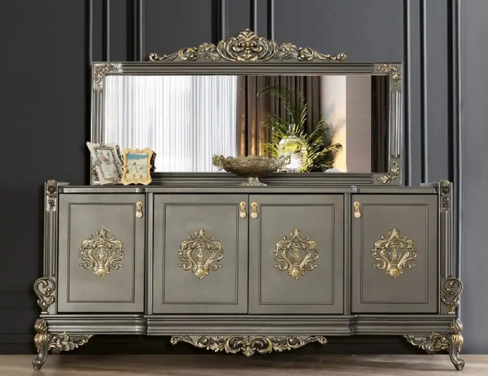 Neu Casa Padrino set di mobili barocchi di lusso grigio / oro - 1 Credenza con 4 Ante e 1 Specchio - Mobili barocchi nobili - Nobili e Magnifico