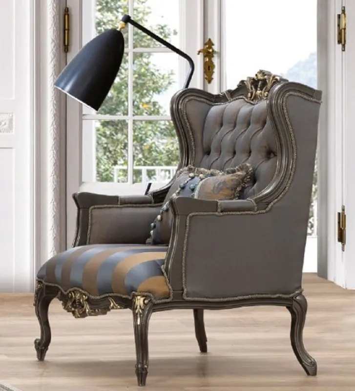 Solange Der Vorrat Reicht Casa Padrino poltrona ad ala barocco di lusso blu / grigio / oro 75 x 83 x A. 115 cm - Magnifico poltrona da soggiorno fatta a mano con cuscino - Mobili da soggiorno in stile barocco