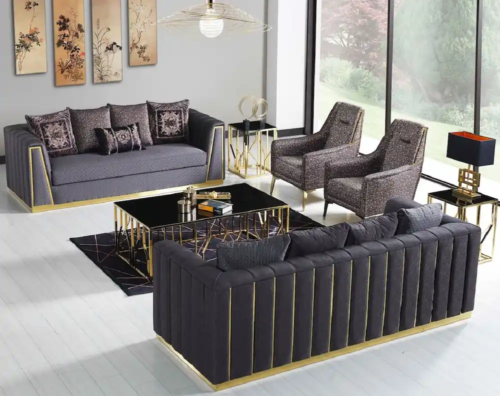 Mega-Angebot Casa Padrino set da soggiorno di lusso viola / oro - 2 Divani e 2 Poltrone e 1 Tavolo da Salotto - Mobili da soggiorno moderni - Qualità di Lusso