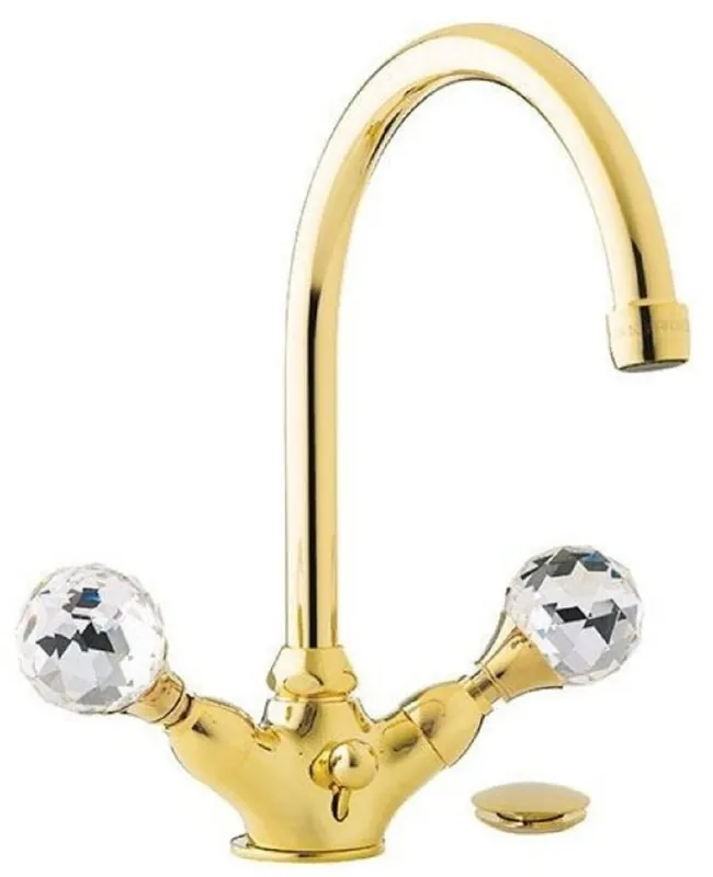 Neu Casa Padrino miscelatore lavabo di lusso con vetro cristallo Swarovski oro A. 30 cm - Miscelatore monoforo con piletta - Accessori bagno di lusso - Fatto in Italia