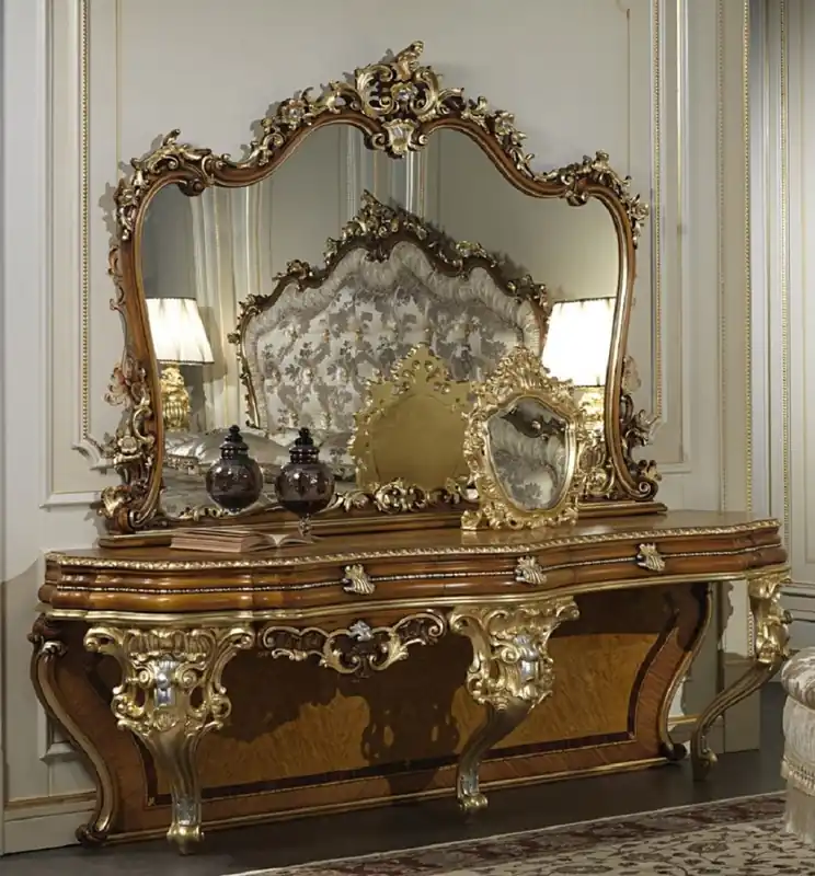 Schneller Versand Casa Padrino consolle barocco di lusso con specchio marrone / oro / argento - Magnifica toletta fatto a mano con specchio a parete - Mobili dell'Hotel - Mobili del Castello