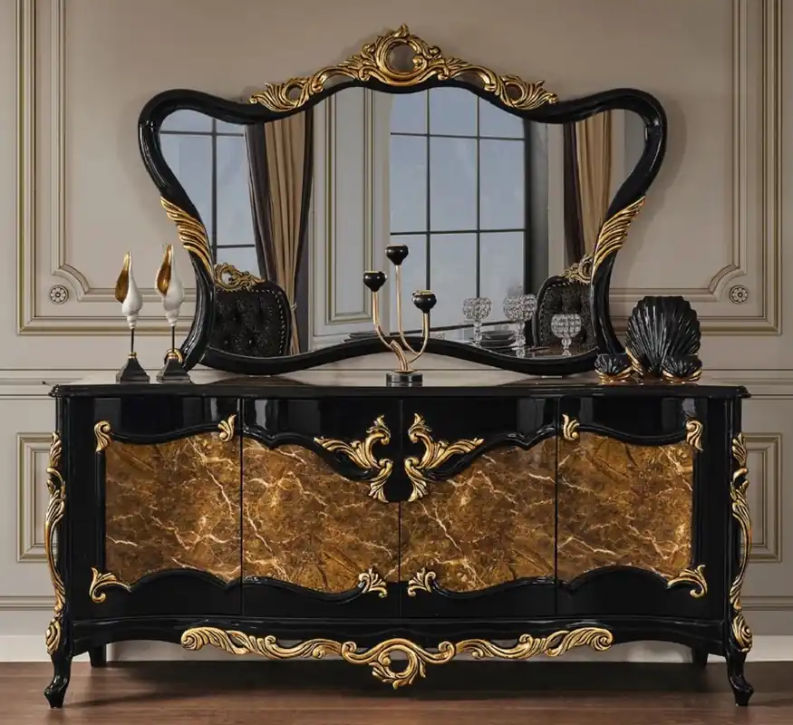 Ausverkauf Casa Padrino set di mobili barocchi di lusso credenza con specchio marrone / nero / oro - Magnifico mobile in legno massello con 4 ante ed elegante specchiera a parete - Mobile in stile barocco