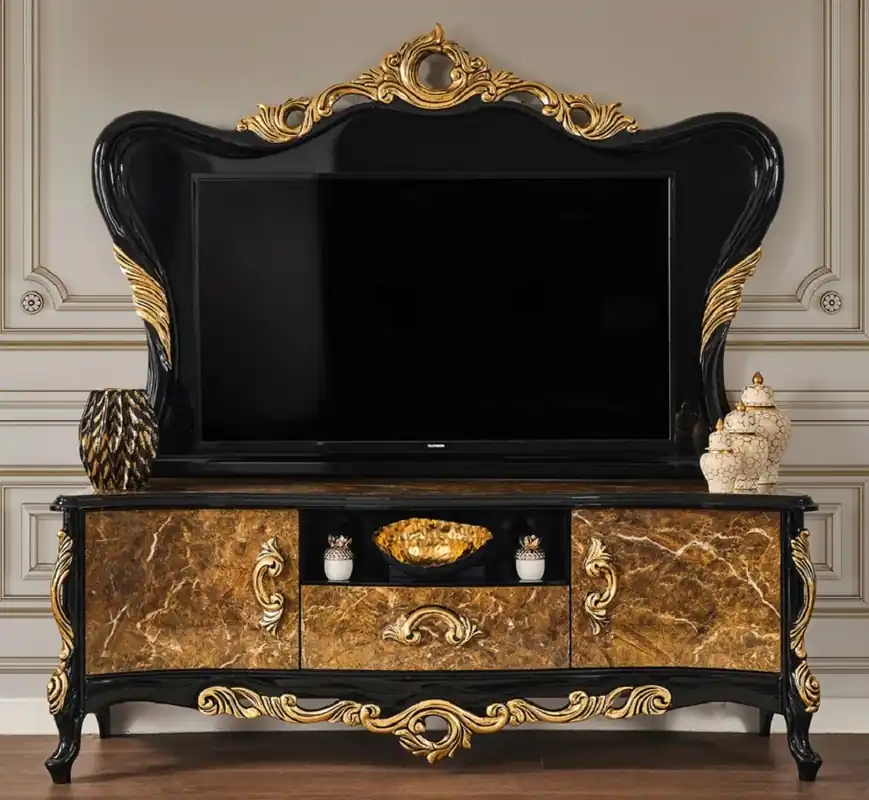Zertifiziert Casa Padrino armadio TV barocco di lusso marrone / nero / oro 180 x 50 x A. 190 cm - Magnifico credenza in legno massello - Mobile da soggiorno barocco