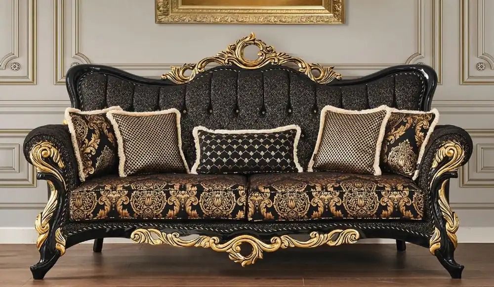Casa Padrino divano barocco di lusso nero / oro 230 x 80 x A. 126 cm - Magnifico divano da soggiorno con motivo elegante e cuscini decorativi - Mobili da soggiorno in stile barocco Garantierte Lieferung