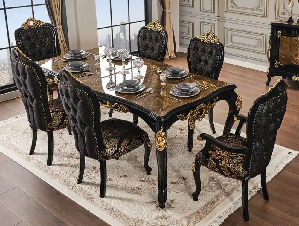 Finale Aktion Casa Padrino tavolo da pranzo barocco di lusso marrone / nero / oro 210 x 100 x A. 82 cm - Magnifico tavolo da pranzo in legno massello con piano in aspetto marmo - Mobili da pranzo barocchi