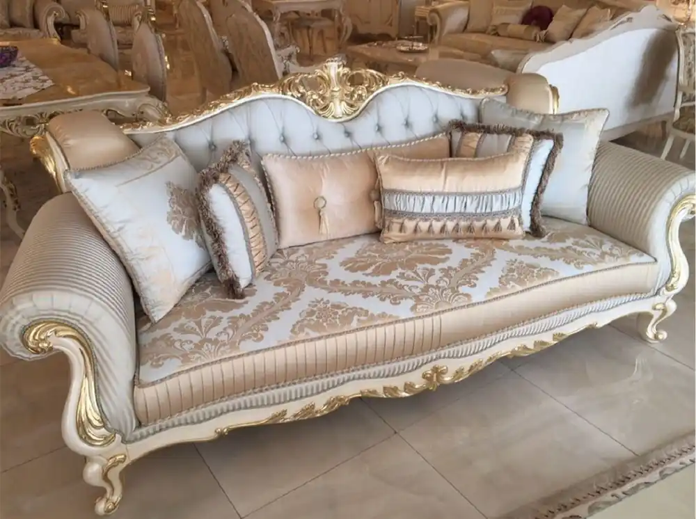 Zertifiziert Casa Padrino divano barocco di lusso azzurro / bianco / oro - Magnifico divano da soggiorno con motivo elegante - Mobili da soggiorno in stile barocco