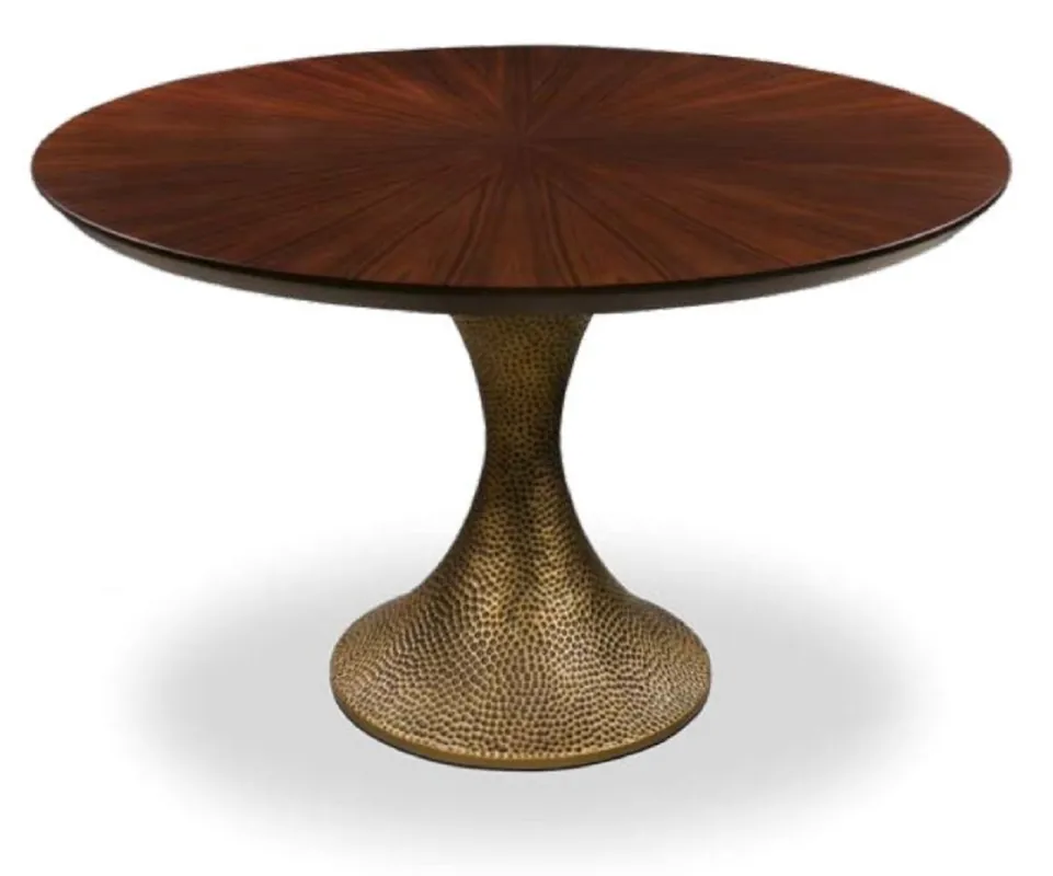 Casa Padrino tavolo da pranzo di lusso marrone / oro antico Ø 160 x A. 76 cm - Tavolo da cucina rotondo con piano in pregiata impiallacciatura di rovere e gamba del tavolo in aspetto martellato Direkt Vom Hersteller