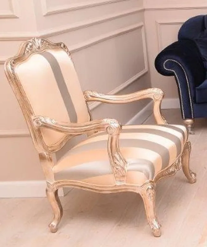 Casa Padrino poltrona barocco di lusso beige / argento / oro - Magnifico poltrona da soggiorno con strisce - Mobili da soggiorno in stile barocco - Noble & Magnifico Saisonangebot