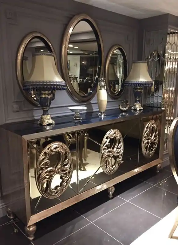 Casa Padrino set di mobili barocchi di lusso blu / oro antico - 1 Credenza a Specchio e 3 Specchi da Parete Ovali - Magnifici mobili barocchi Direkt Vom Hersteller
