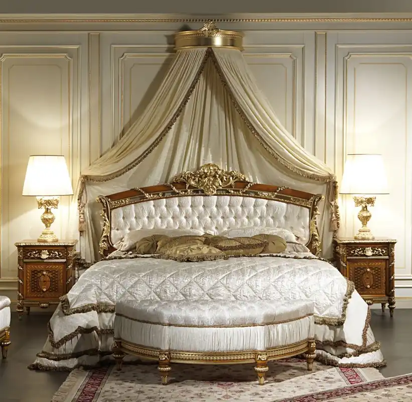 Zertifiziert Casa Padrino set da camera da letto barocco di lusso bianco / marrone / oro - 1 Letto Matrimoniale con Testiera e 1 Baldacchino e 2 Comodini e 1 Panca - Mobili per camera da letto barocco